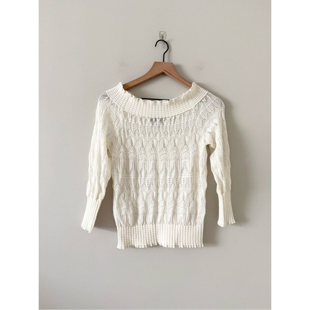 Express Cream Open Knit Off the Shoulder Sweater 3/4 Sleeve Size XS